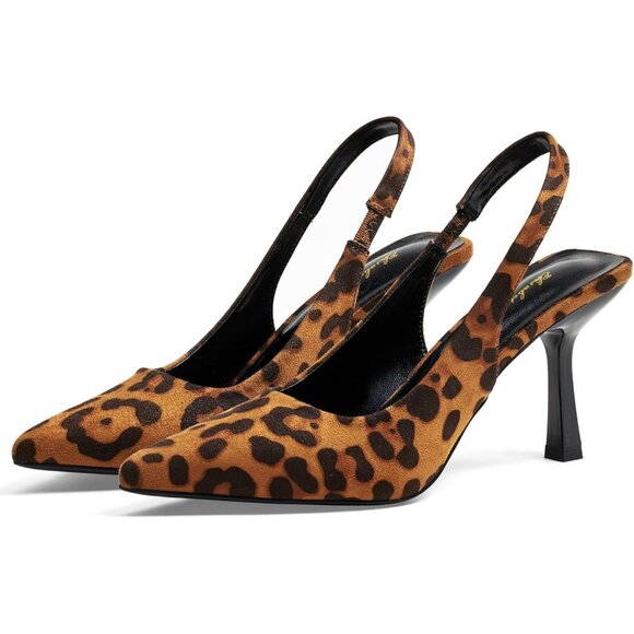 Women Brown Leopard Satin Pointed Closed Toe Slingback Mid Heels Stiletto Pumps - Picture 1 of 9